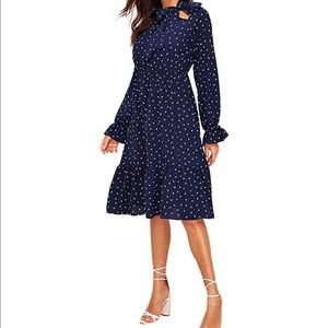 Tie Neck Long Sleeve Polka Dot Pleated Dress